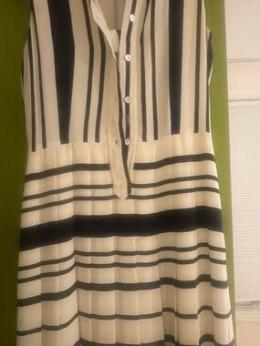 Raoul Black and Cream Striped Sleeveless Midi Dress Silk
